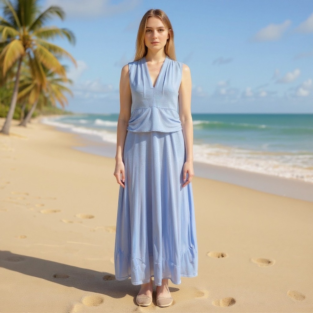 Vince Camuto Maxi Dress Womens PS Blue Tonic Water Ruched V-Neck 9699765